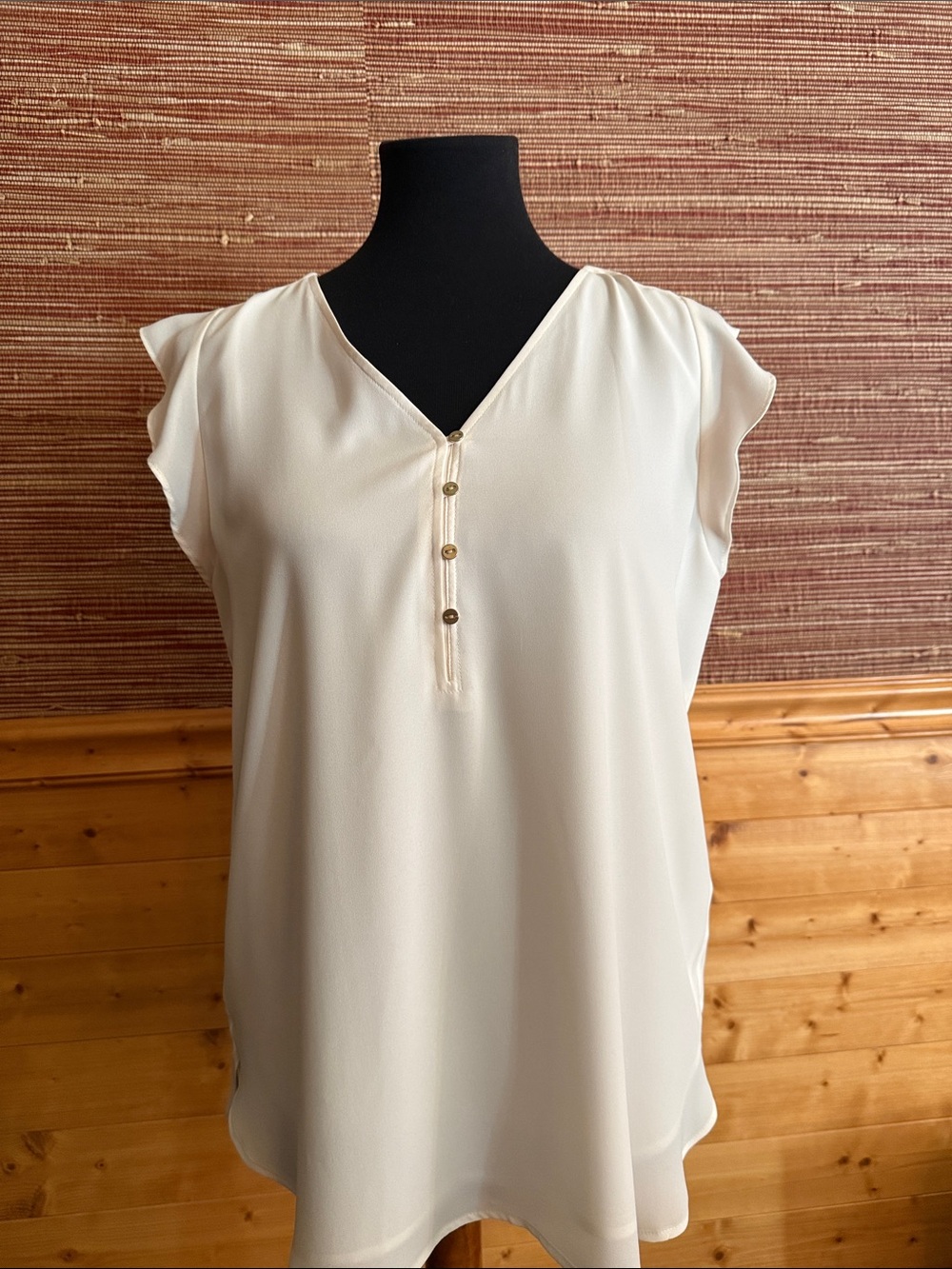 LOFT Cream Flutter Sleeve Henley Top with Button Placket